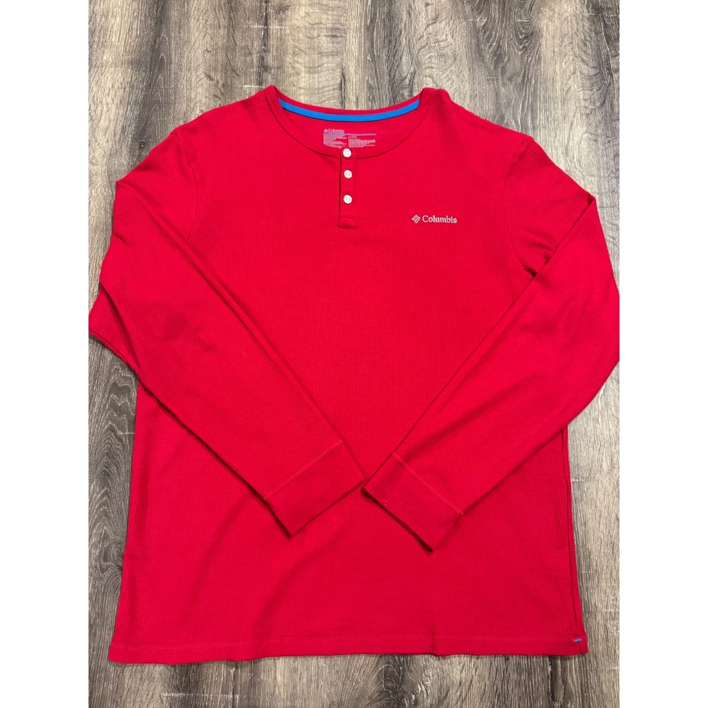 Columbia Mens Red Waffle Knit Henley Long Sleeve Shirt Large Casual Outdoor Top